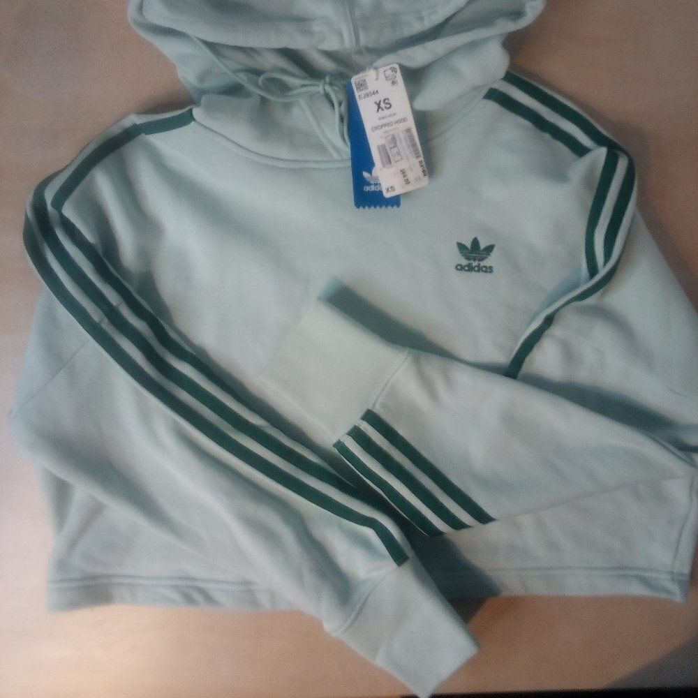 NWT Adidas 3 Stripe Cropped Hoodie Sweatshirt Vapour Green - Picture 3 of 8